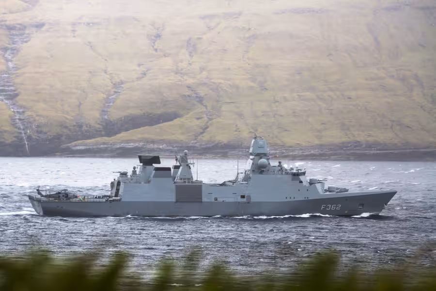 The Fregat Peter Willemoes, Vestmanna Sund, Faroe Islands, serving as a platform for launching fixed-wing drones.